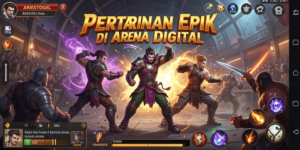 Tangkapan layar gameplay ARIESTOGEL yang penuh aksi pertarungan.