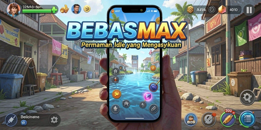 Screenshot utama BEBASMAX menampilkan antarmuka permainan Idle yang menarik.