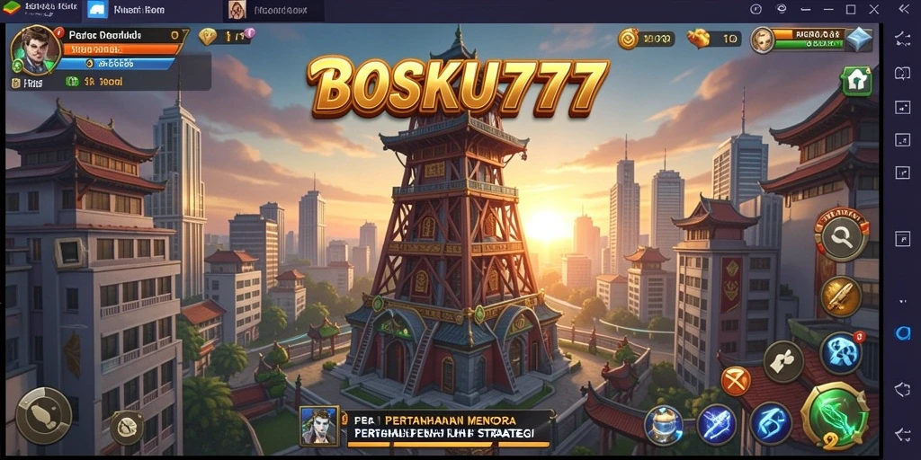 Tangkapan layar gameplay BOSKU777 menunjukkan aksi menara pertahanan yang mendebarkan.