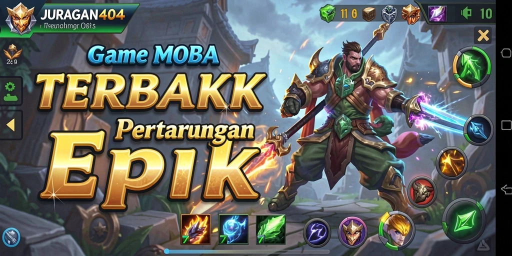 Tampilan seru dari gameplay JURAGAN404 di arena pertempuran MOBA.