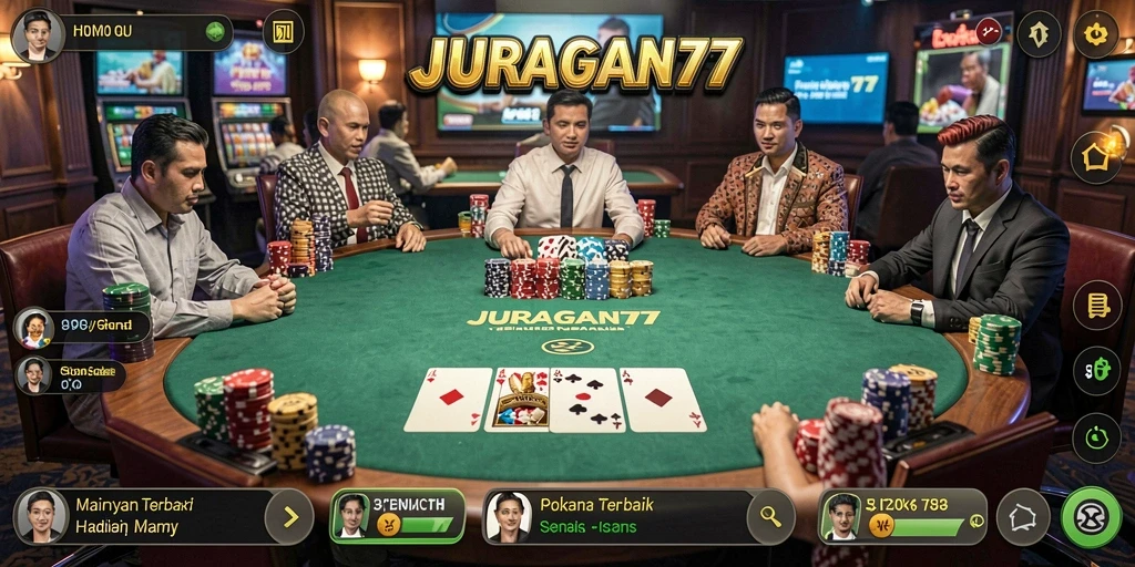 Screenshot utama JURAGAN77 menampilkan gameplay Poker yang seru.