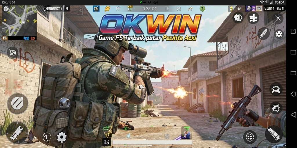 Tampilan gameplay OKWIN yang mendebarkan dengan aksi tembak-menembak intens.