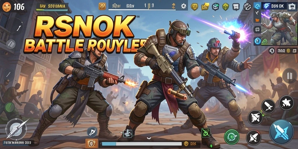 Tangkapan layar utama RSNOK menampilkan aksi intens dalam permainan Battle Royale.