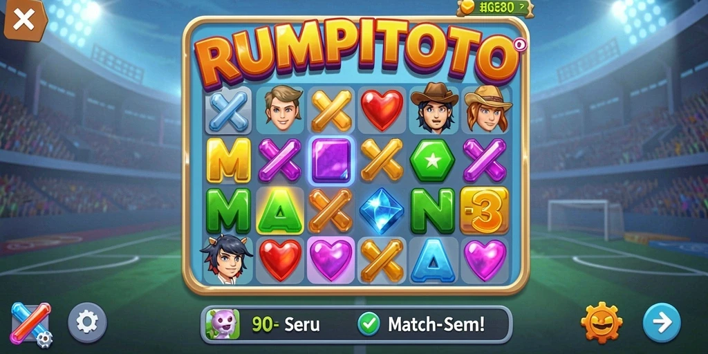 Screenshot permainan RUMPITOTO menampilkan gameplay Match-3 yang mengasyikkan.