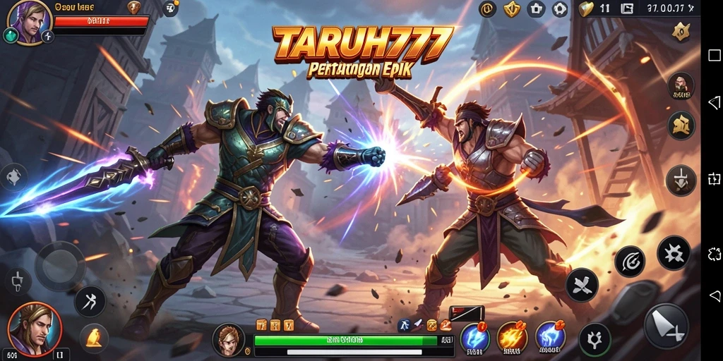 Tangkapan layar TARUH777 menunjukkan pertarungan dinamis dan karakter beragam.