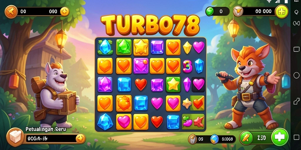 Screenshot gameplay TURBO78 menampilkan aksi pencocokan permata yang seru.