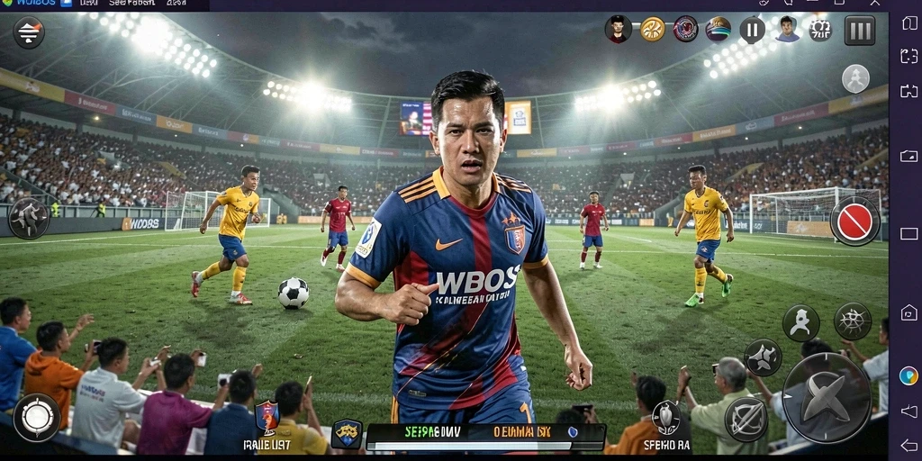 Screenshot utama <strong>WDBOS</strong> menampilkan aksi seru di lapangan sepak bola.